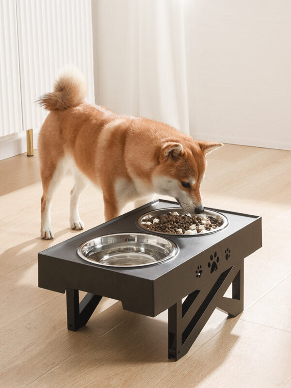 Adjustable food bowl with puppy eating out of the food bowl next to the water bowl