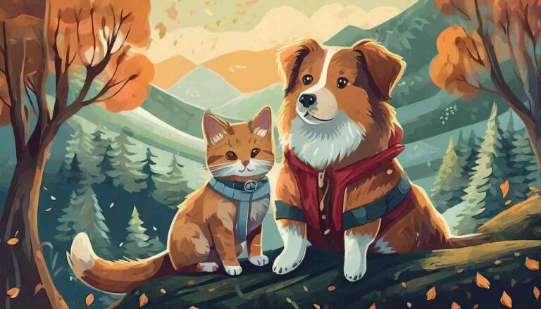 a cat and dog sitting in fall with warm clothing on cartoon