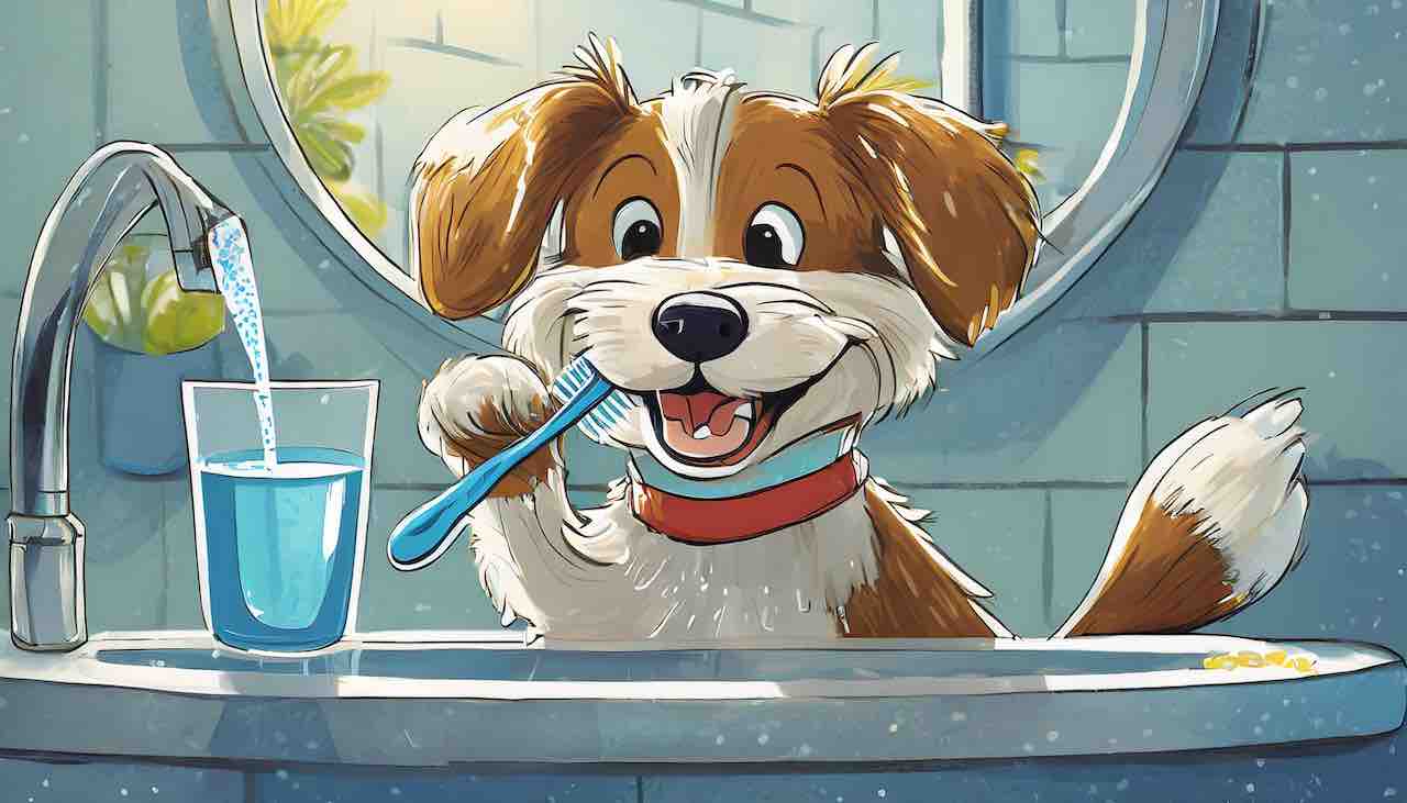 Cartoon dog brushing teeth in sink while in a bathroom