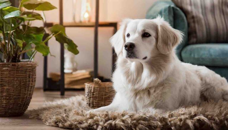 beautiful white retriever sitting on a rug in an apartment