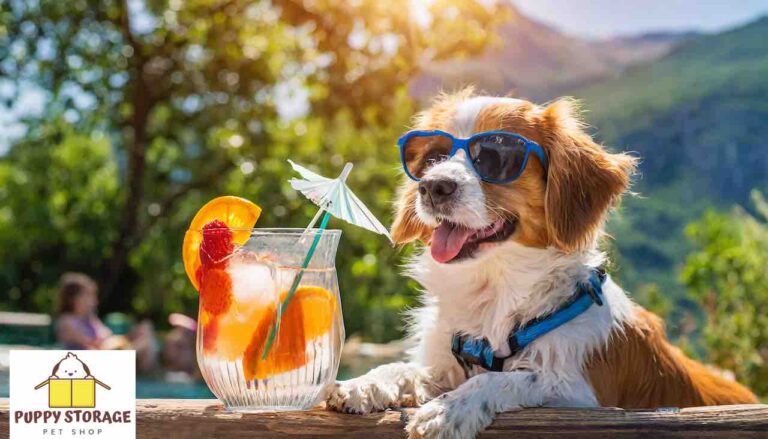 PuppyStorage.com keeping your pet safe in summer heat puppy drinking cooling drink in pool area