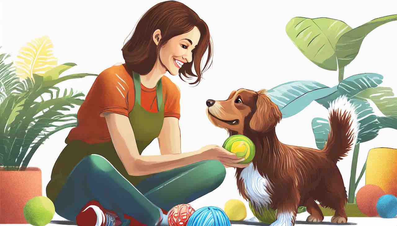 cartoon woman and dog getting ready to play