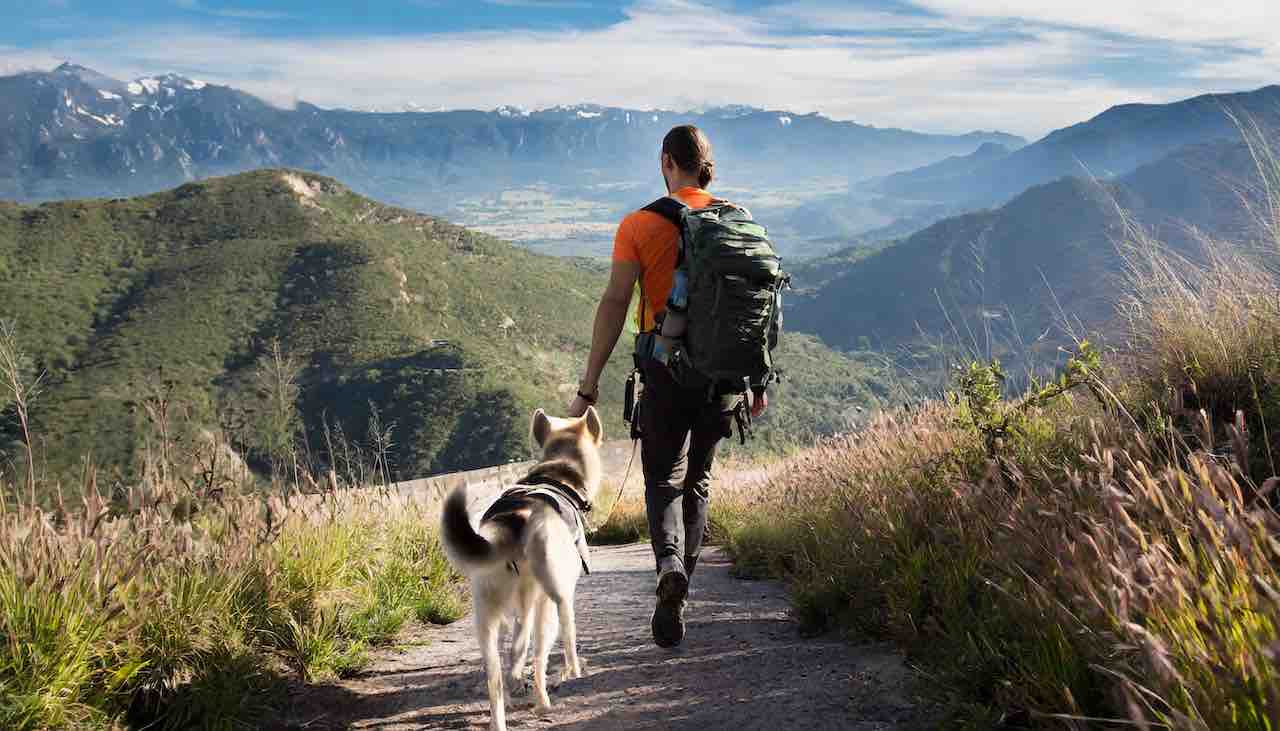 owner and pet dog walking a trail outside mountains surrounding