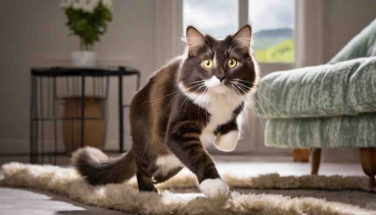 black and white cat walking looking at the camera