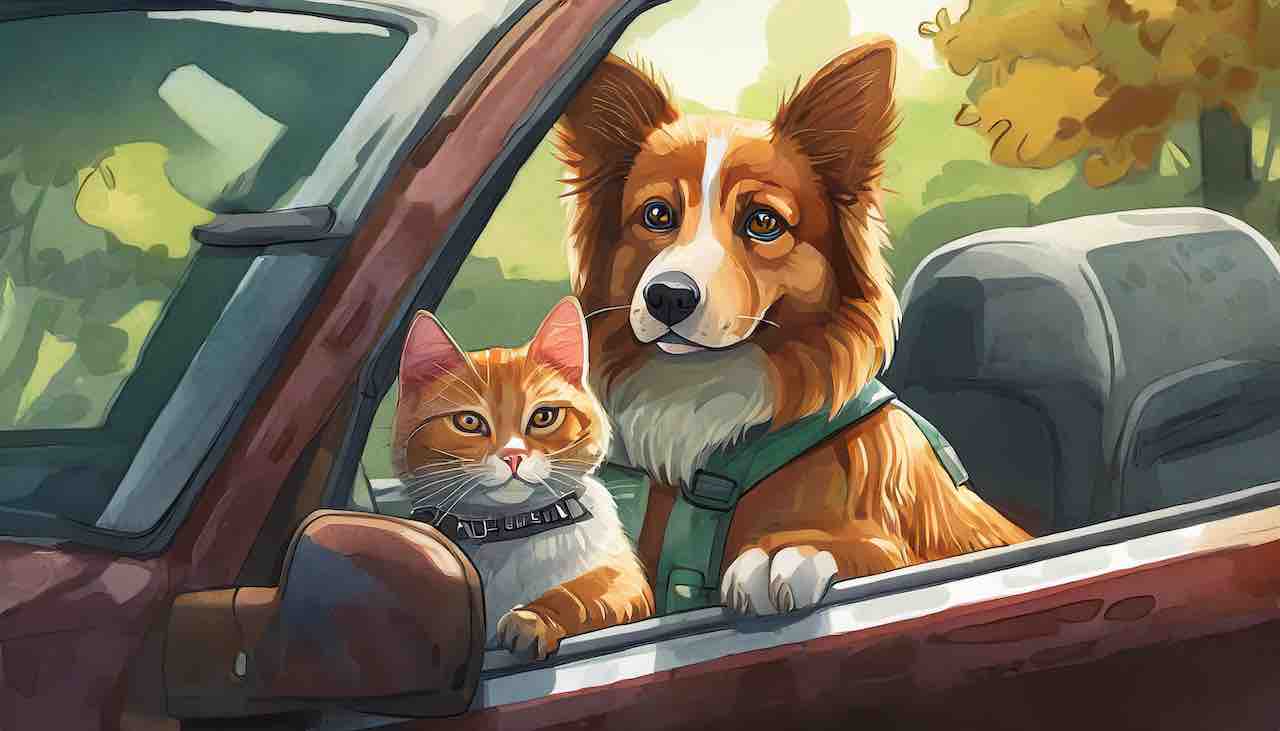 cartoon dog cat riding in safety