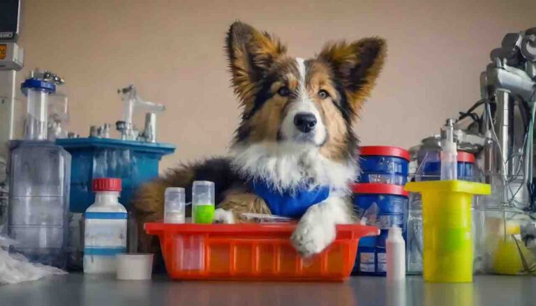 Pet safety dog with paws on medical boxes