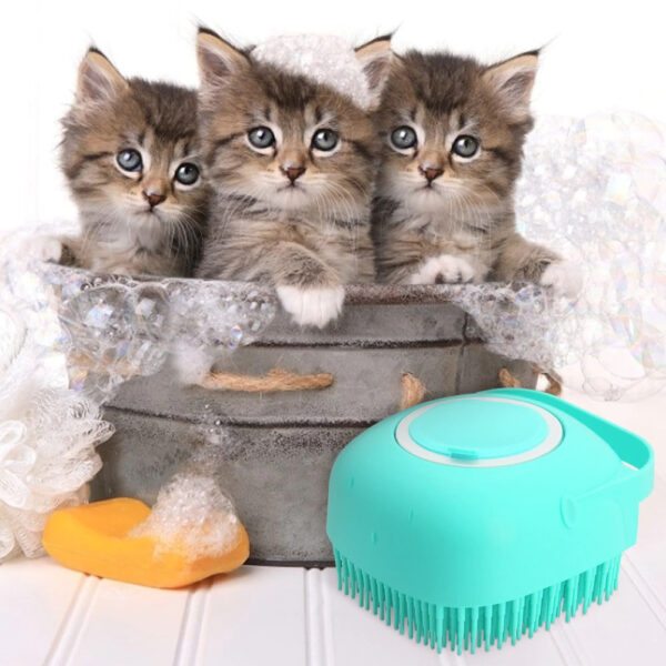 green shampoo fill container for pets shampoo showing three kittens getting a bath