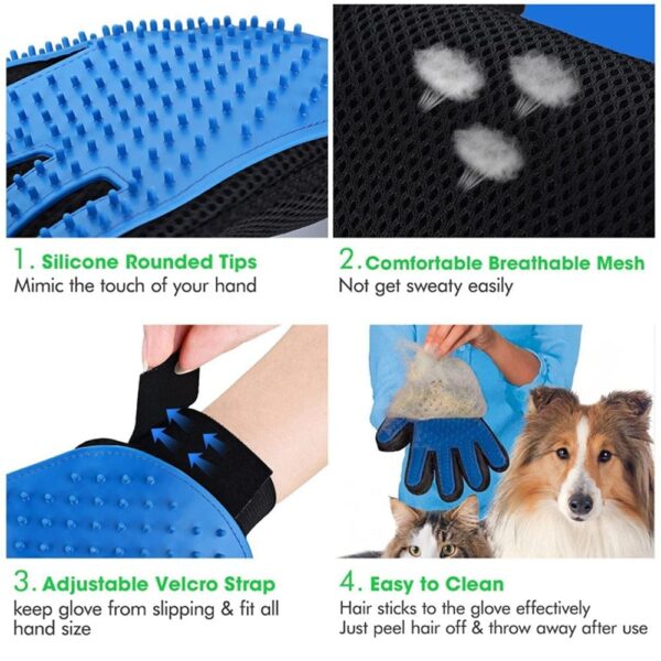 multiple images showing breathing for blue palm hair removal glove for pets