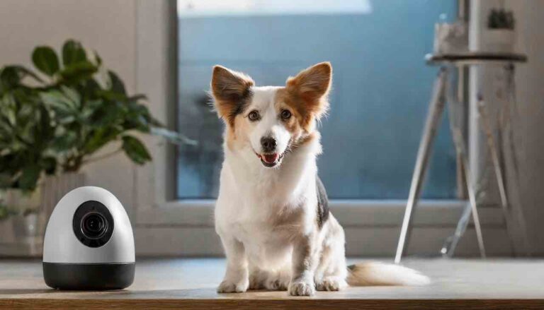 pet dog sitting next to wifi camera