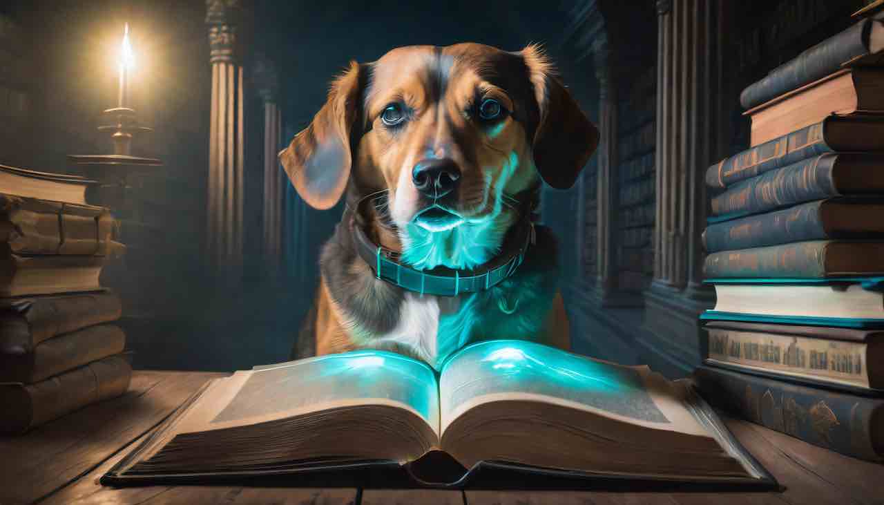 Dog reading a large book in a dark library