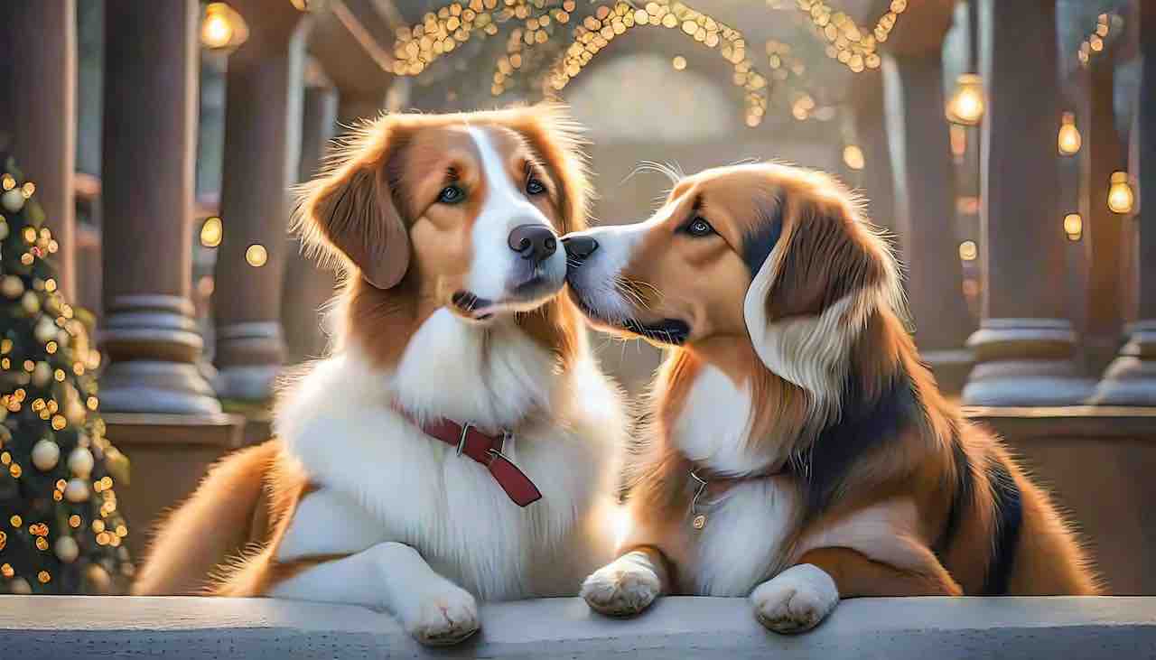 Dogs kissing christmas