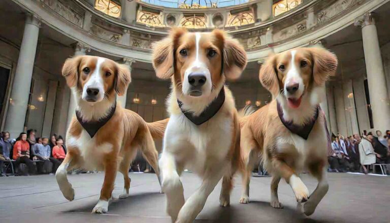 three dogs dancing together