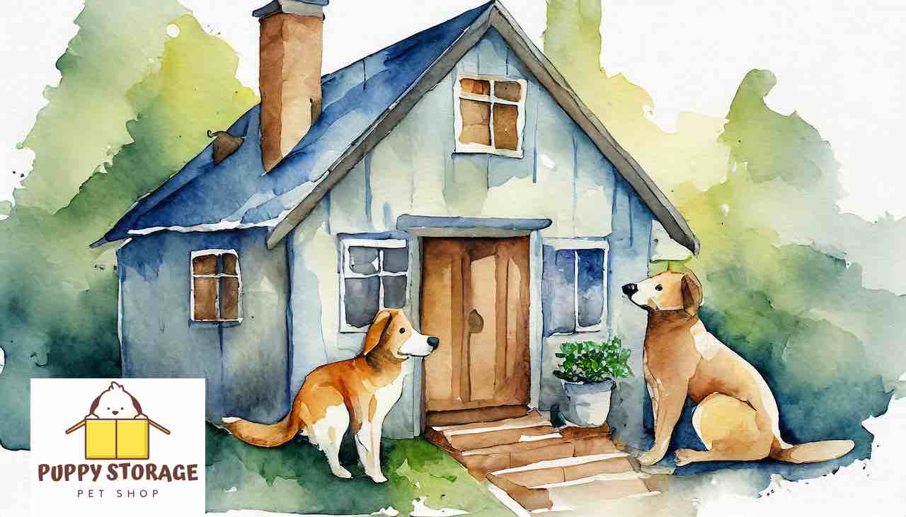 watercolor house with two dogs outside