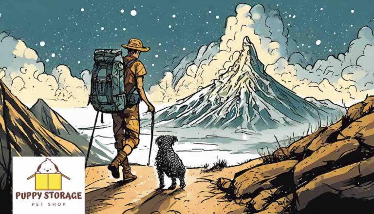 illustration of hiker with dog logo puppystorage.com