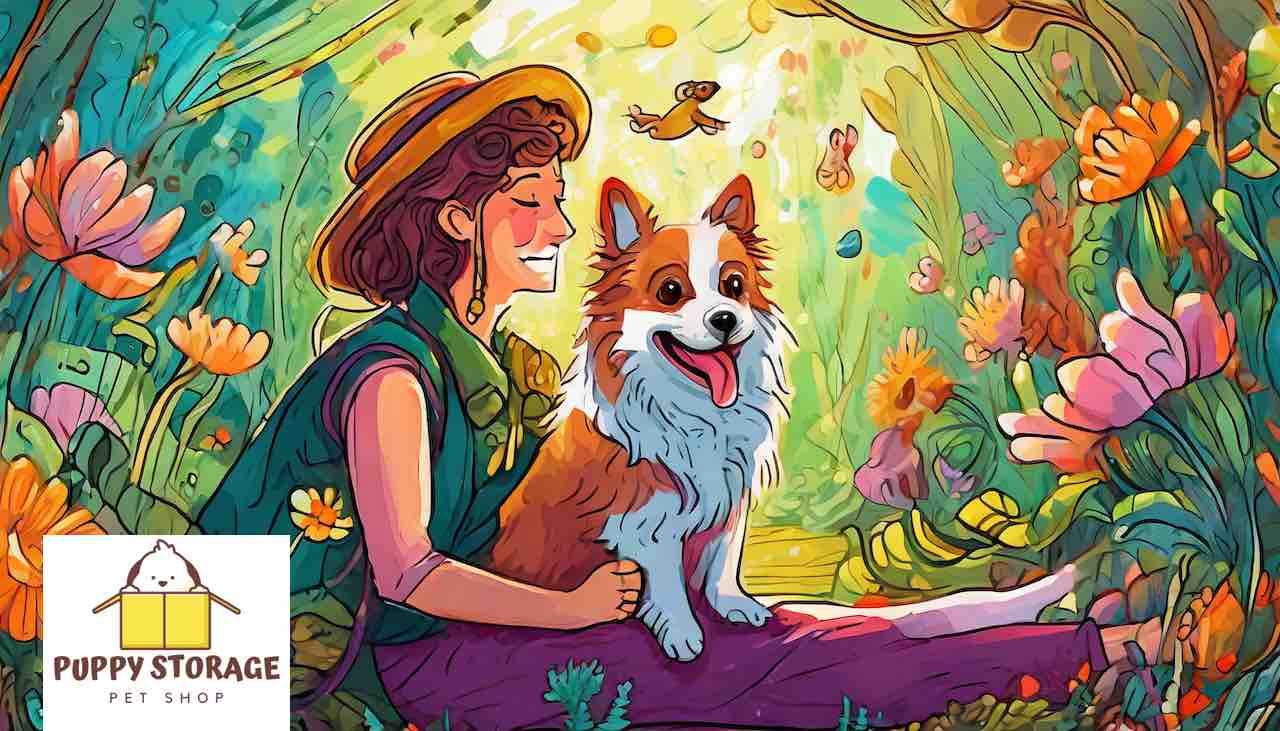 illustration woman holding corgi in a wonderful garden with logo for puppystorage.com