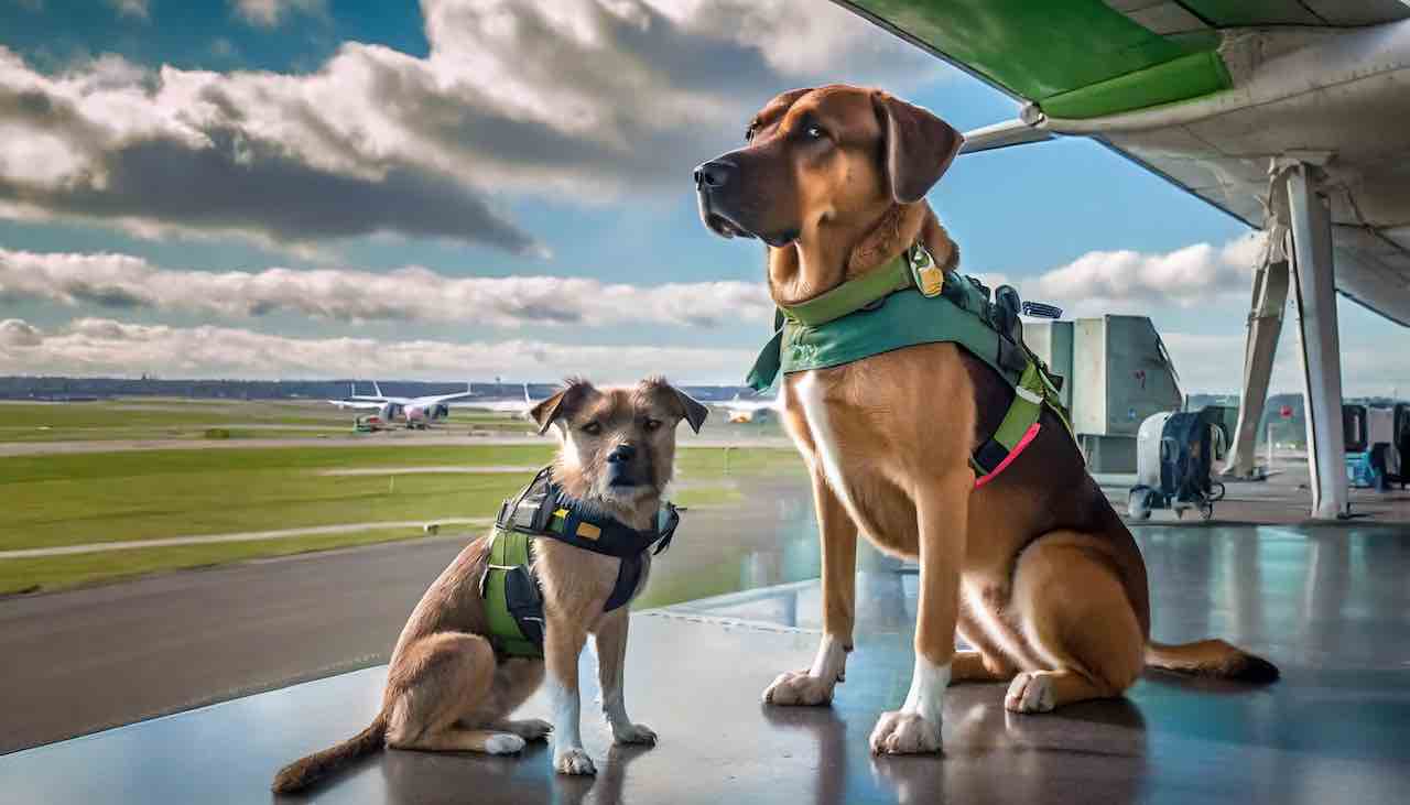 Two dogs ready for take off at the airport