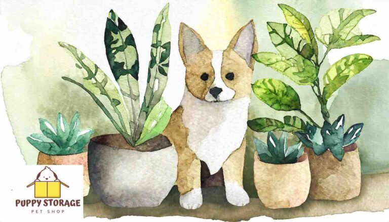 watercolor plants and puppy