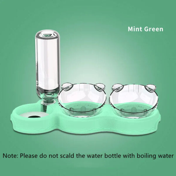 green automatic water feeder with two food bowls