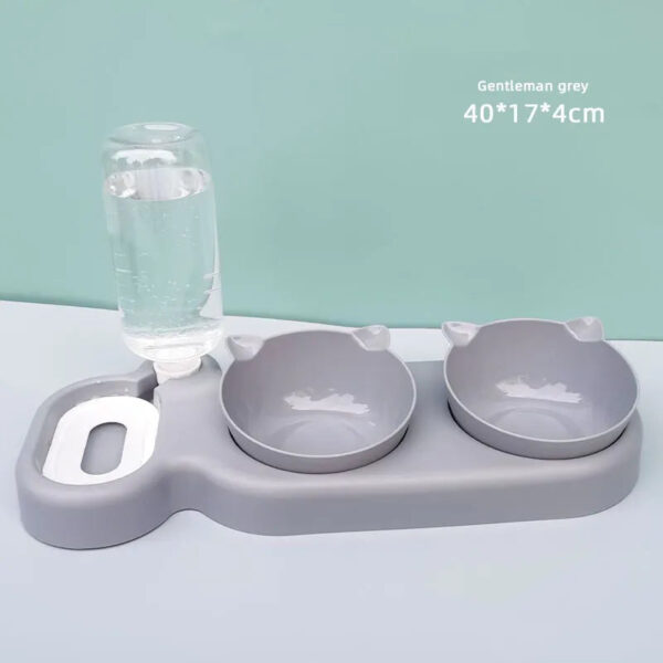 gray automatic water feeder with two food bowls