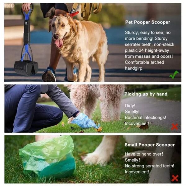 Super Pet Pooper Scooper with three different images highlighting