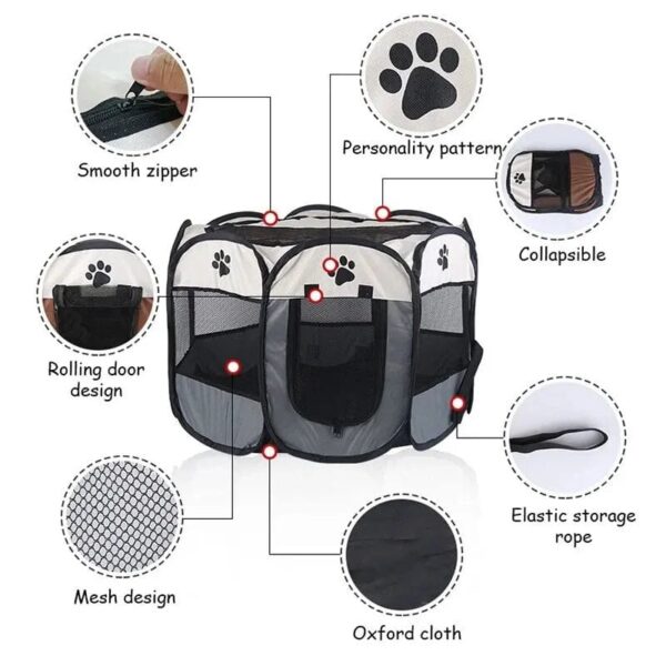 Durable pet container with breathable mesh design and elastic storage rope, easily collapsible