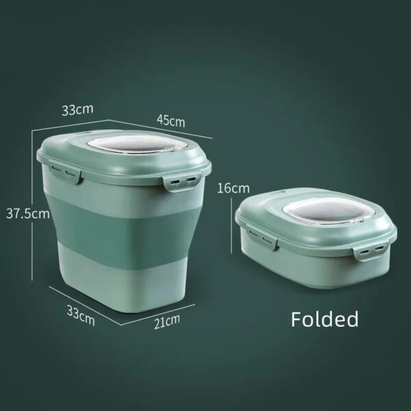 side by side of collapsed and enlarge pet food container green