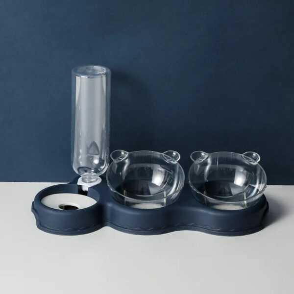 navy blue automatic water feeder with two food bowls