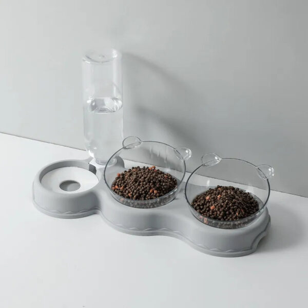 gray automatic water feeder with two food bowls