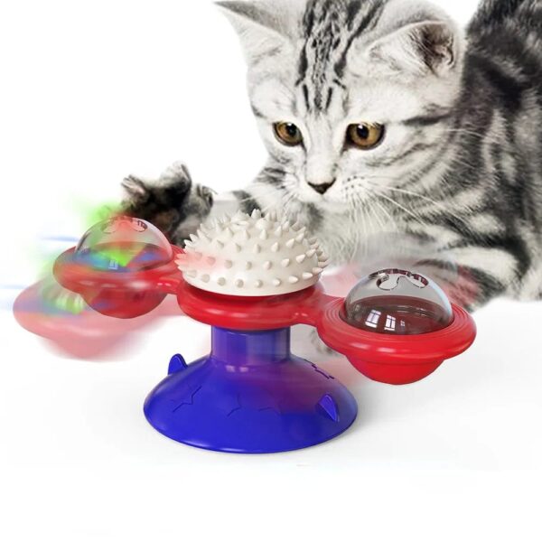 bright red and blue vibrating pet toy with snack containers