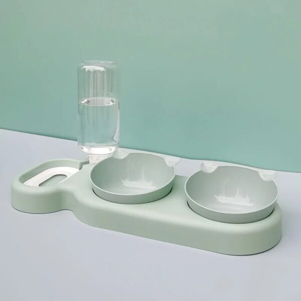 light green automatic water feeder with two food bowls