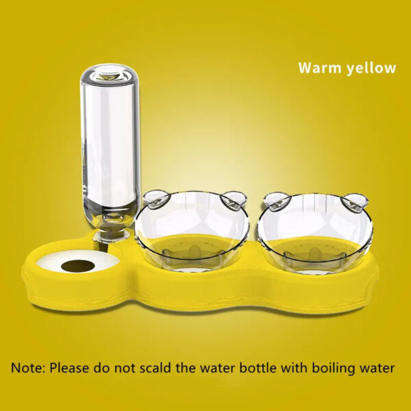 yellow automatic water feeder with two food bowls