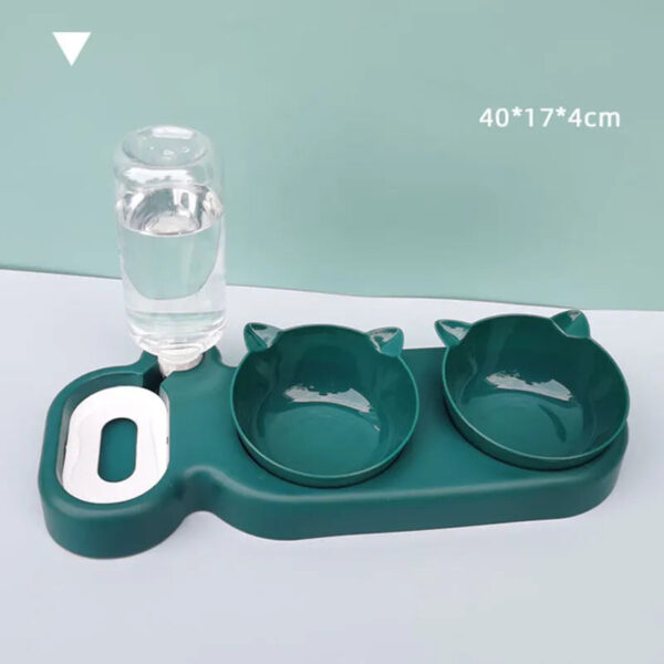 dark green automatic water feeder with two food bowls