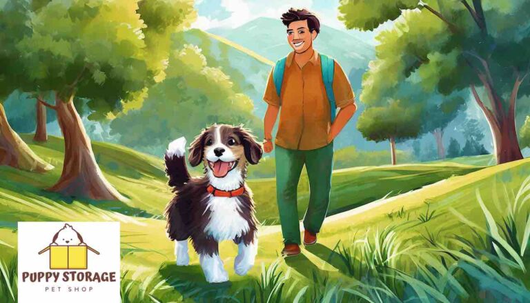 cartoon pup and owner walking outside