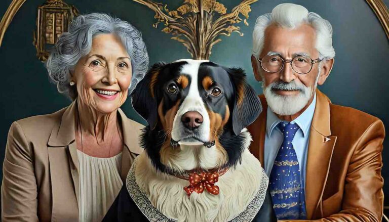 older couple with dog posing as a portrait