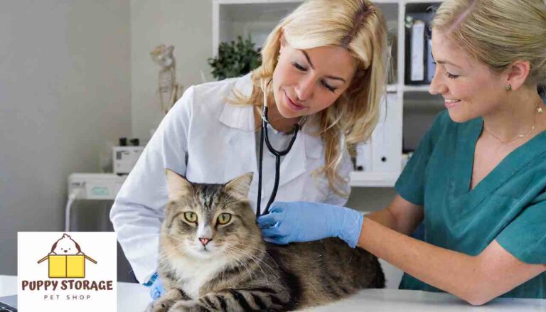 Doctor and Nurse looking over pet cat 