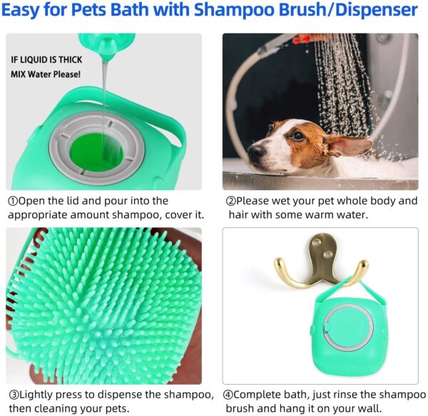 multiple product shots of green shampoo brush dispenser easily storable shown on hook