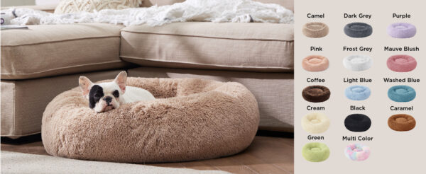 cozy pet bed showing off multiple colors